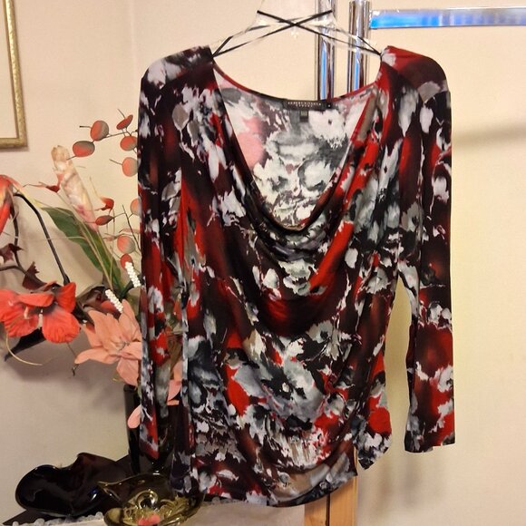 NWT Robert Kitchen Women's Red Black Gray Printed Blouse Long Sleeve Top Size 10 - Picture 6 of 8